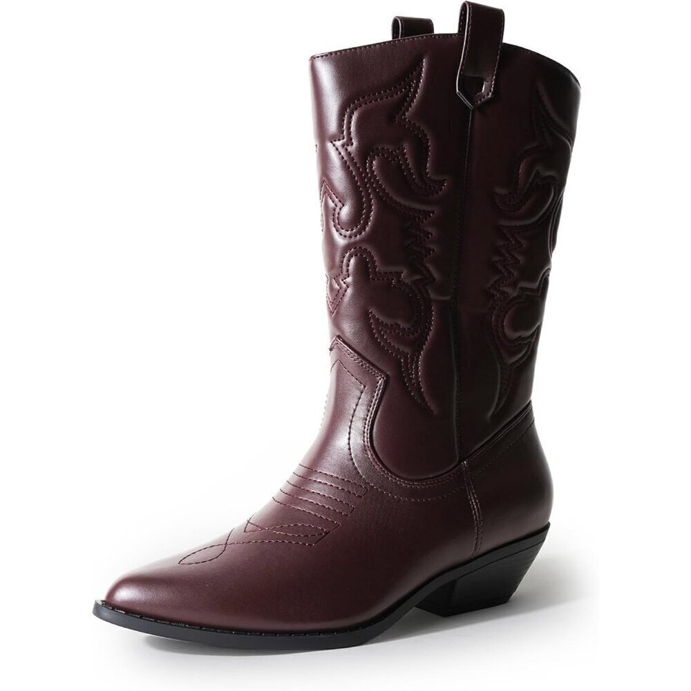 Women Polyurethane Chcolate Mid Calf Low Heel Pointed Toe Cowgirl Western Boot